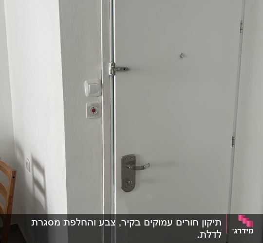 דלת לבנה עם מנעול ובריח מתכת